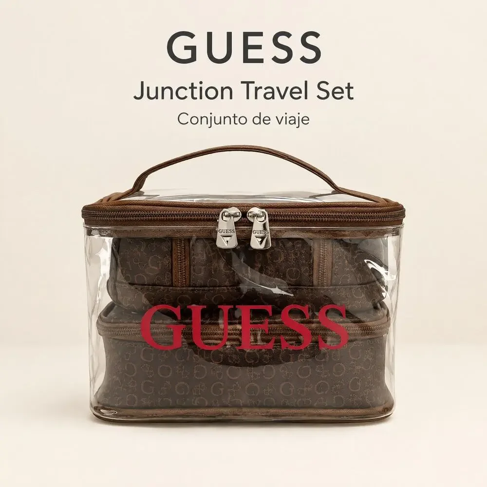 GUESS Junction Travel Set 4 Pcs Cosmetic Bag Brown Monogram Makeup Case